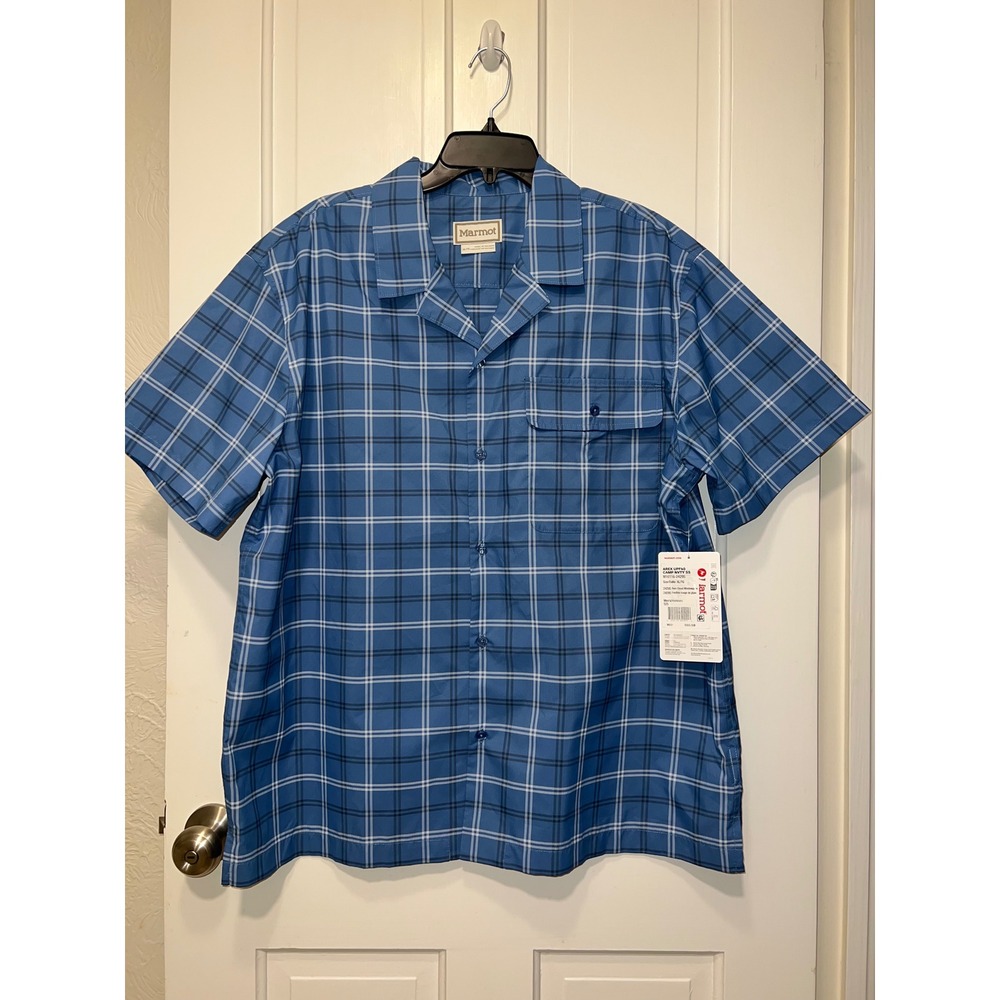 NWT Marmot Arex UPF 40 Camp Novelty Shirt Blue Windowpane Plaid XL Button Up
